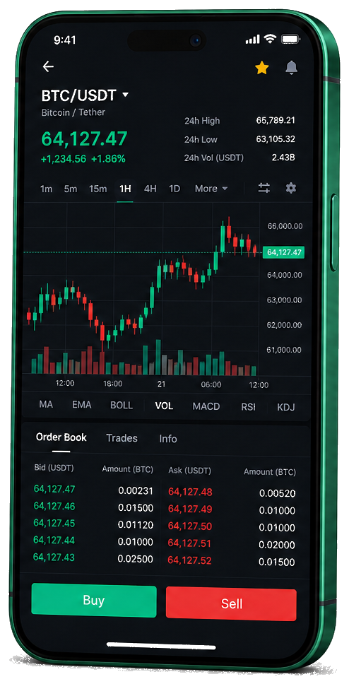 Application mobile Patrimoine Quantique — graphique BTC/USDT en temps réel, carnet d’ordres et outils de trading